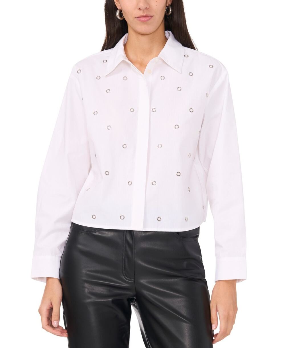 Vince Camuto Women's Poplin Grommet-Trim Button-Front Top White Size M 3888
